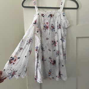 LOFT White and Red Floral Blouse with Off-the-Shoulder Design